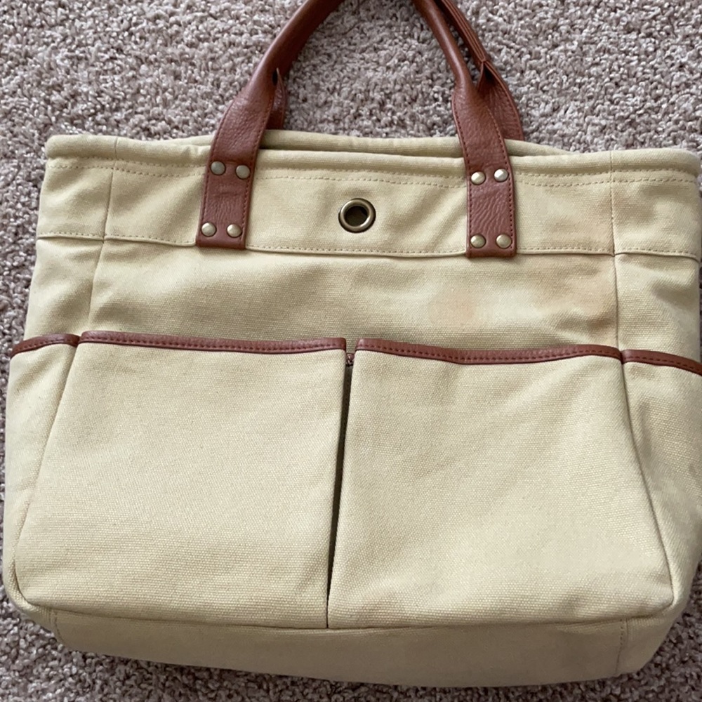 Levenger light brown canvas and leather 5 pocket tote! - Picture 2 of 4